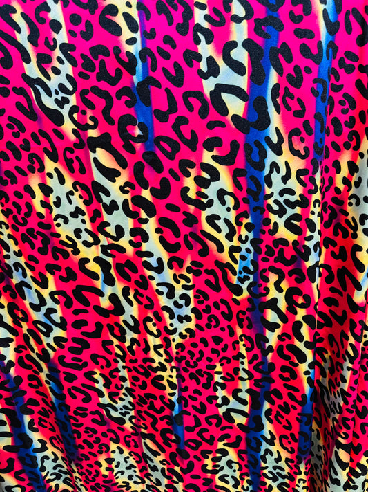 New Groovy Exotic Leopard design rainbow color print on best quality of nylon spandex 4-way stretch 58/60”