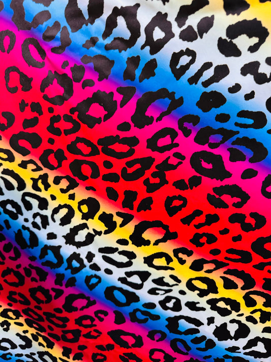 New Exotic Leopard design rainbow color print on best quality of nylon spandex 4-way stretch 58/60”