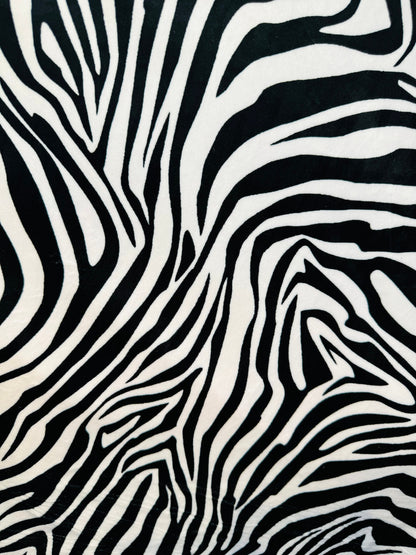 Exotic zebra design print on best quality of stretch velvet 4-way stretch 58/60”