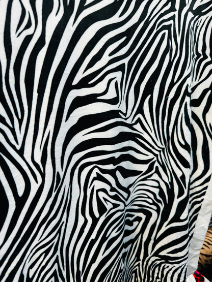 Exotic zebra design print on best quality of stretch velvet 4-way stretch 58/60”