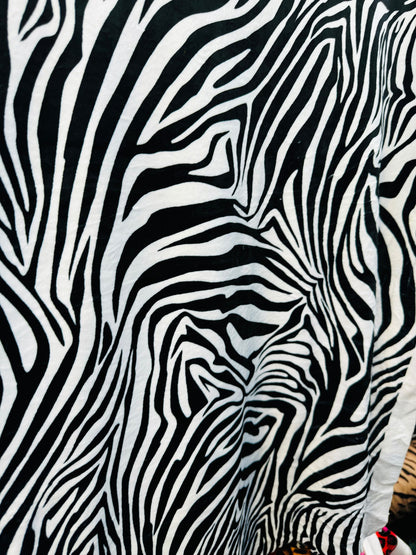Exotic zebra design print on best quality of stretch velvet 4-way stretch 58/60”