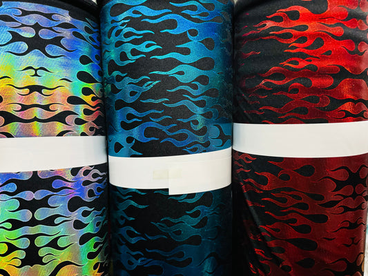 New Ghost Rider flames design hologram metallic nylon spandex 4-way stretch 58/60” Luxury fabrics tu AlexLAFabrics
