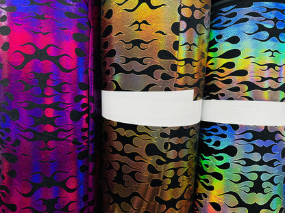New Ghost Rider flames design hologram metallic nylon spandex 4-way stretch 58/60” Luxury fabrics tu AlexLAFabrics