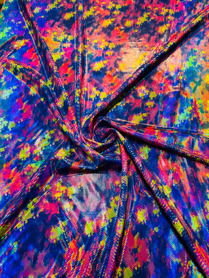 New Digital splatter paint design hologram metallic nylon spandex 4-way stretch 58/60”