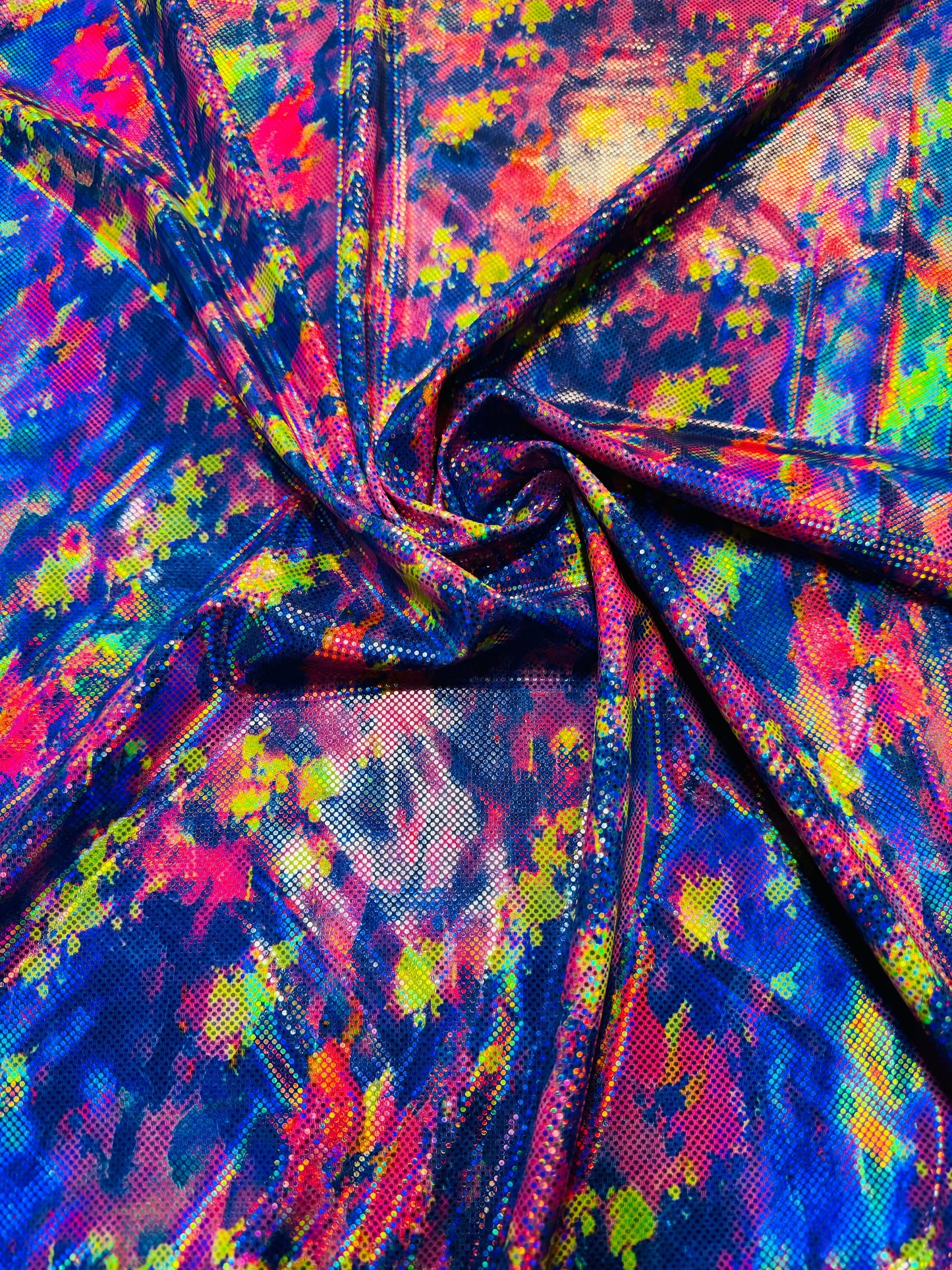New Digital splatter paint design hologram metallic nylon spandex 4-way stretch 58/60”