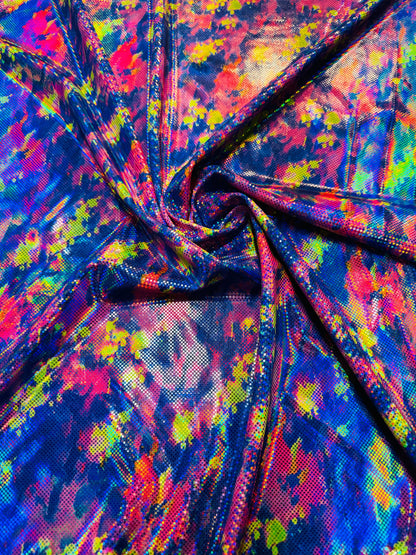 New Digital splatter paint design hologram metallic nylon spandex 4-way stretch 58/60”
