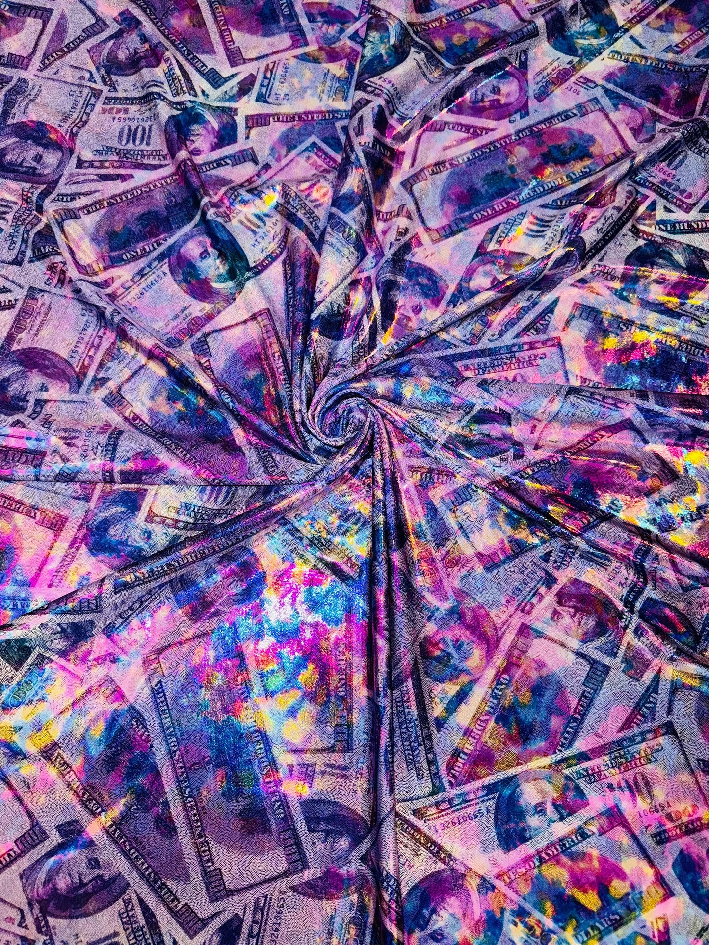 New 100dlls Bill Money design Iridescent hologram purple metallic nylon spandex 4-way stretch 58/60”