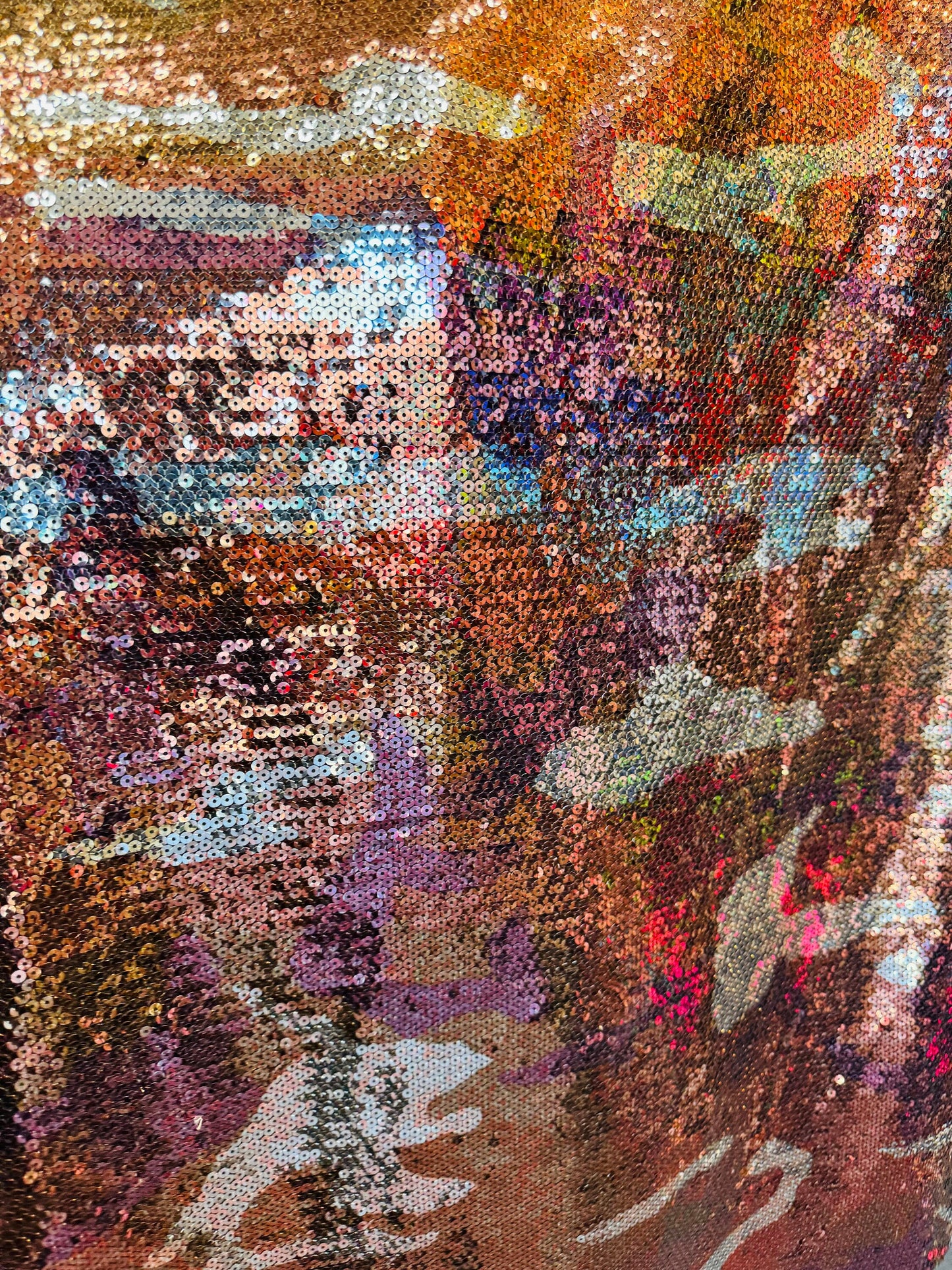 New camouflage design on spandex sequins 2-way stretch 55/57” Sold by the YD.