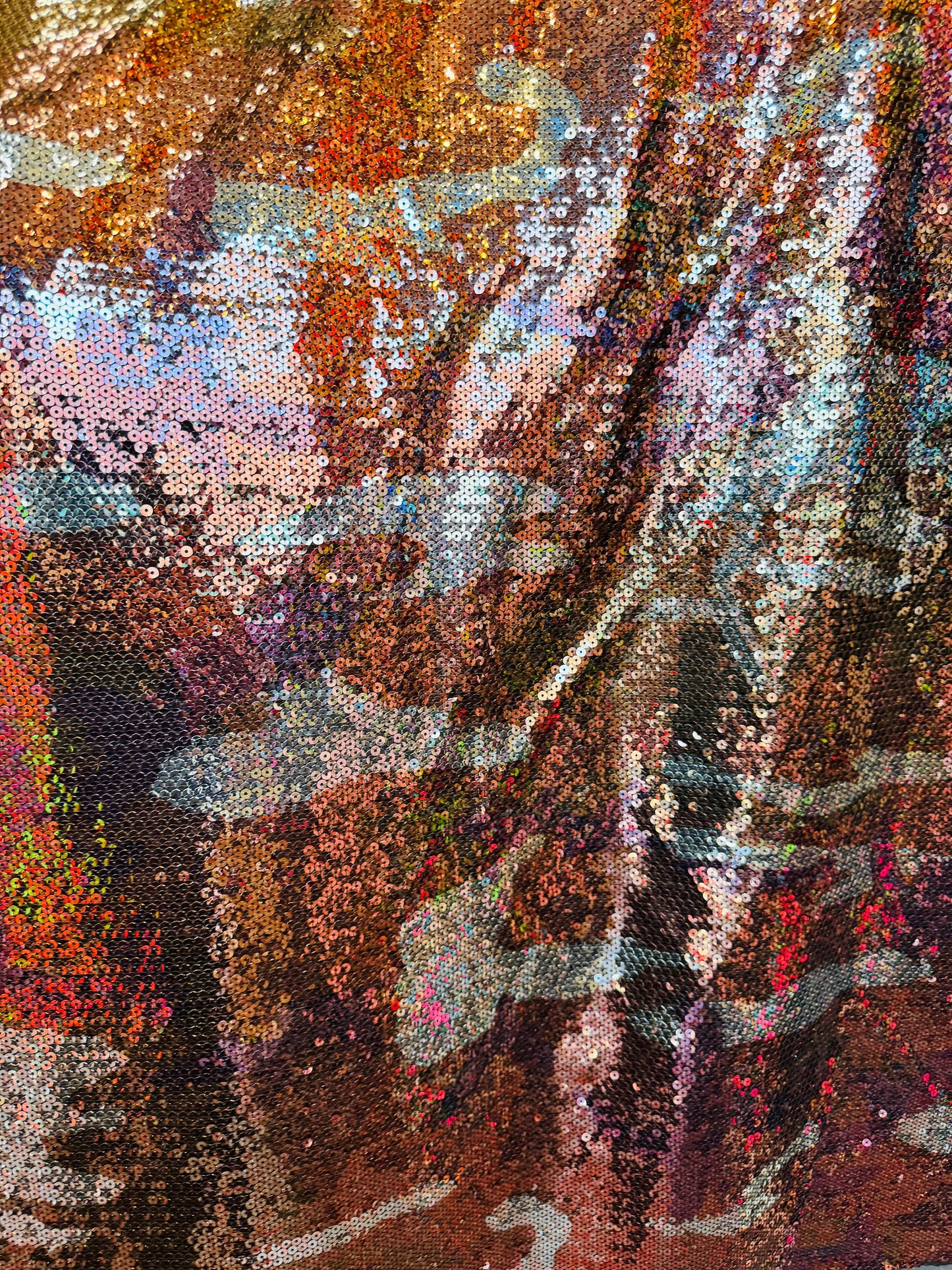 New camouflage design on spandex sequins 2-way stretch 55/57” Sold by the YD.