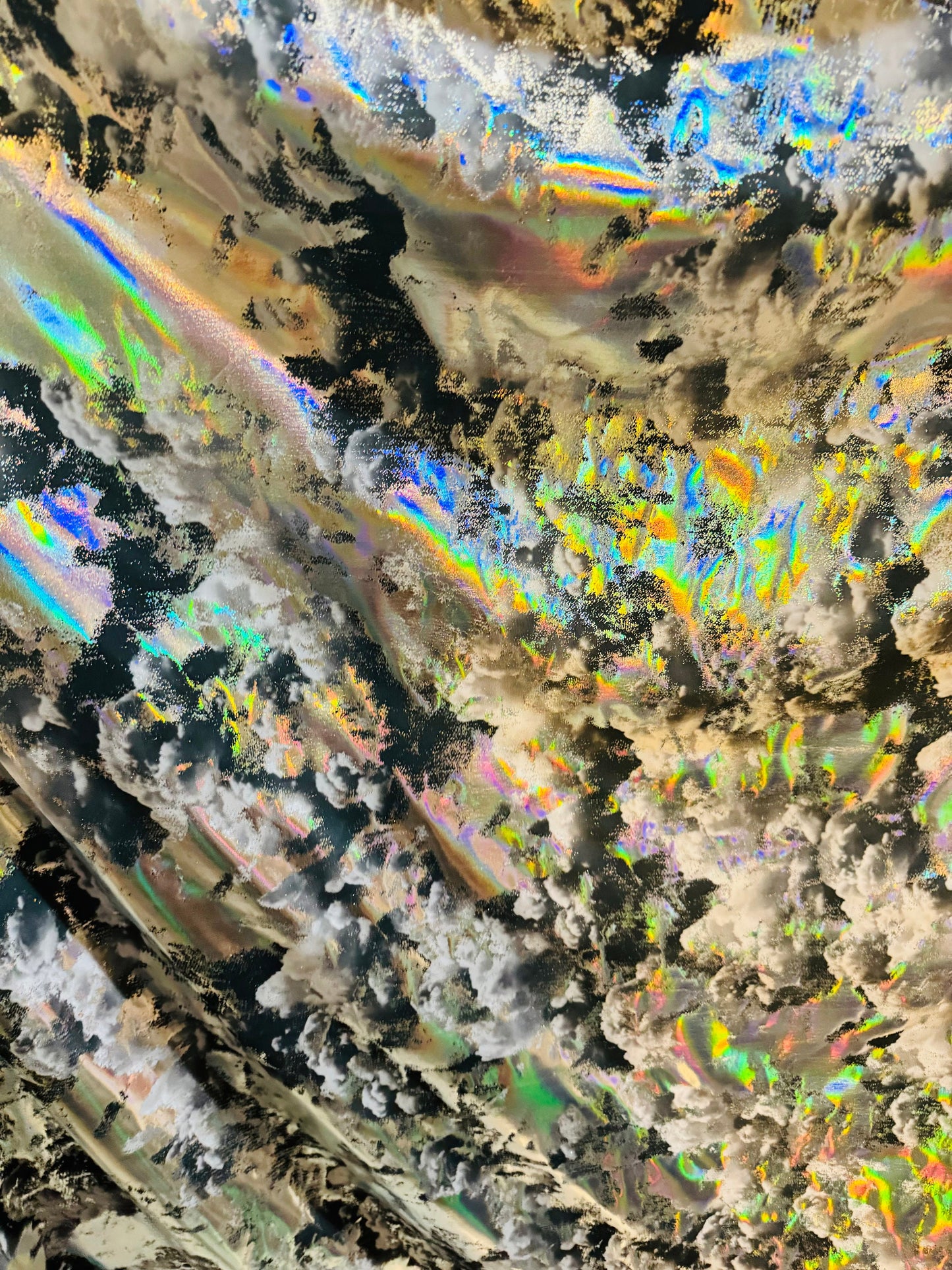 New splatter abstract design hologram metallic nylon spandex 4-way stretch 58/60” Sold by the YD.