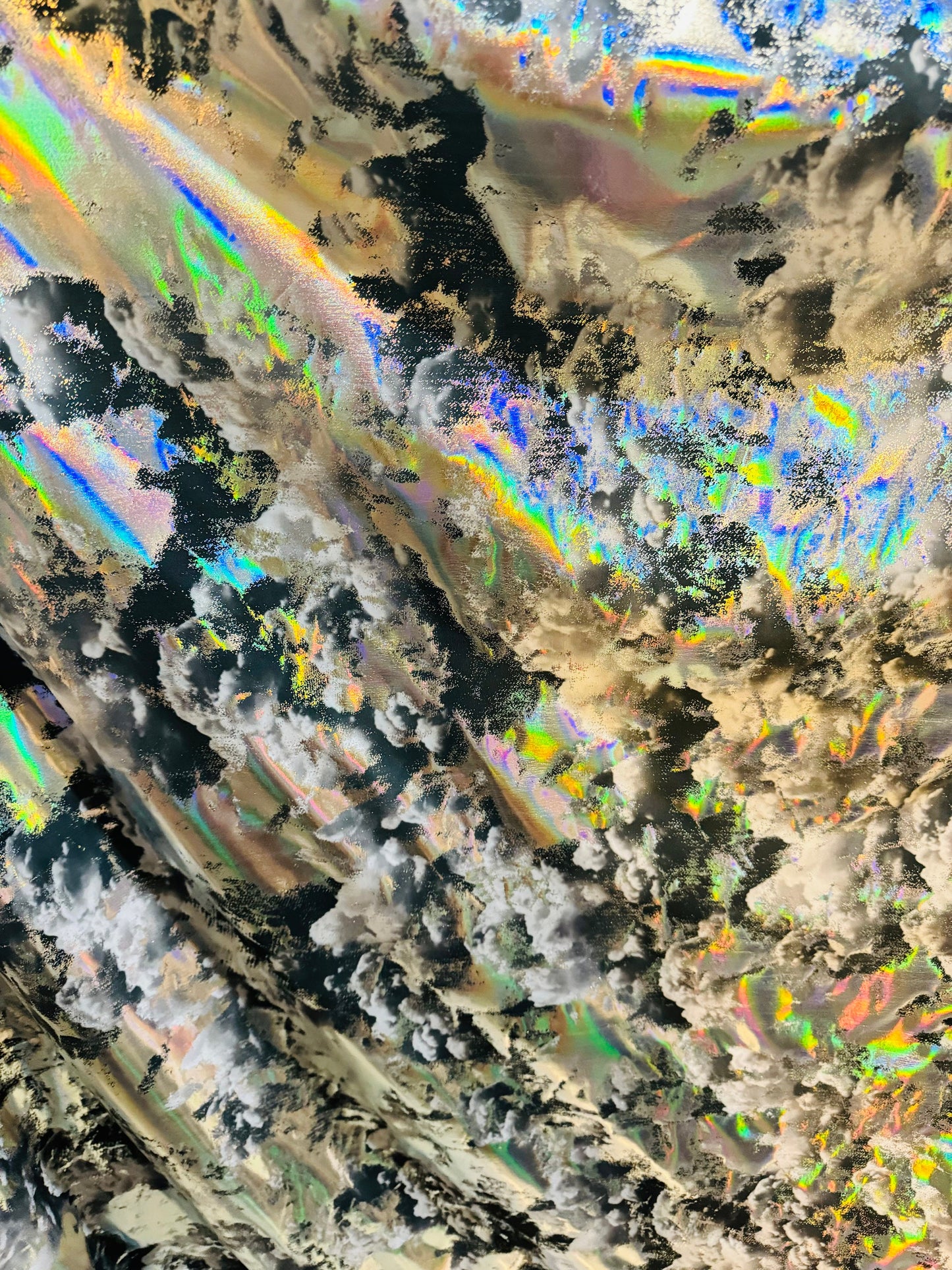 New splatter abstract design hologram metallic nylon spandex 4-way stretch 58/60” Sold by the YD.