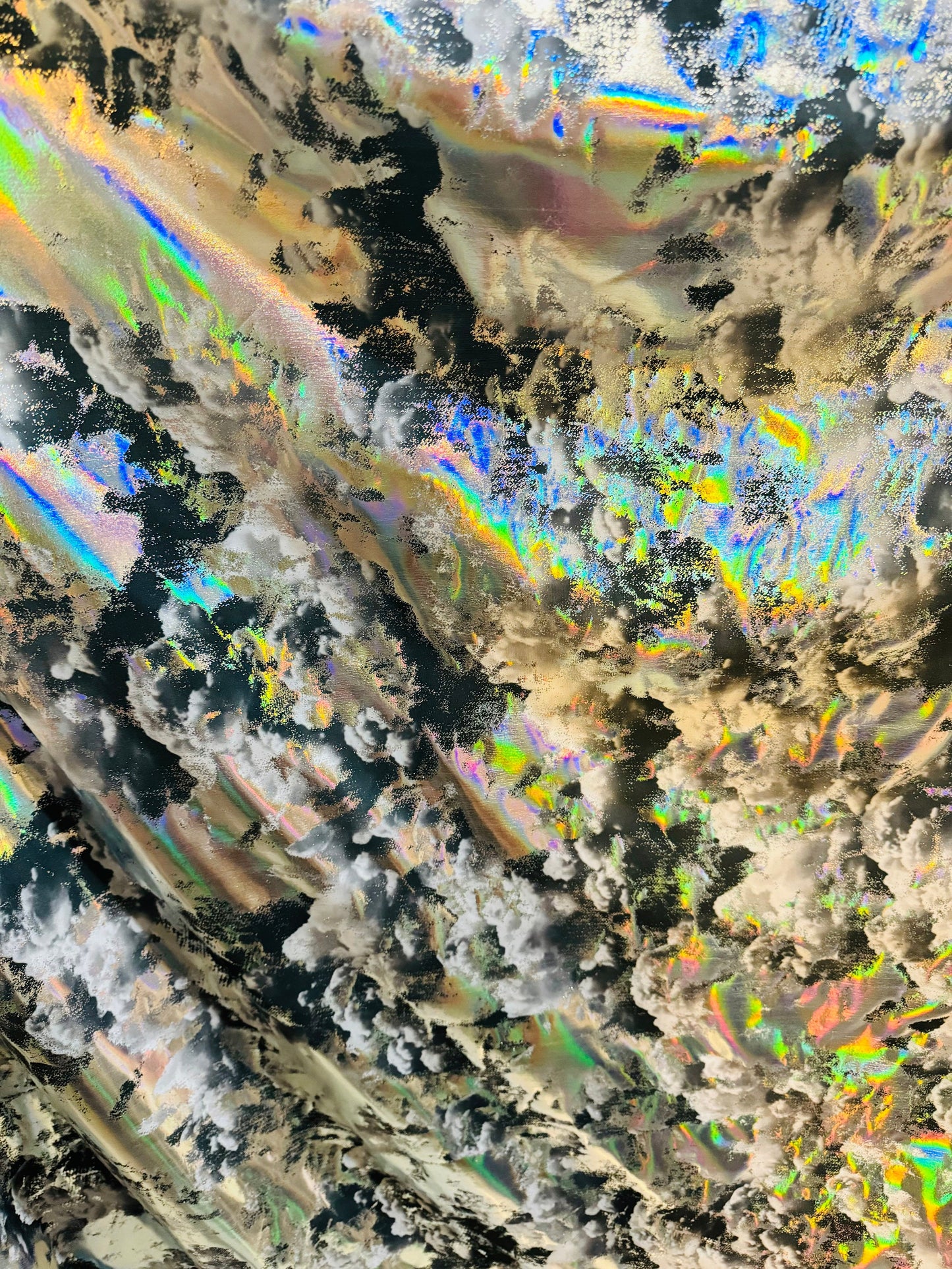 New splatter abstract design hologram metallic nylon spandex 4-way stretch 58/60” Sold by the YD.