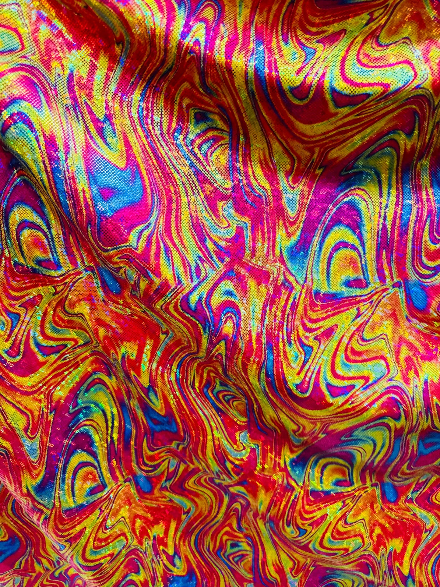 New Luxury lava abstract design on shattered glass hologram metallic nylon spandex 4-way stretch 58-60”