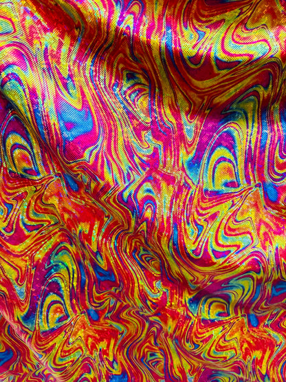 New Luxury lava abstract design on shattered glass hologram metallic nylon spandex 4-way stretch 58-60”