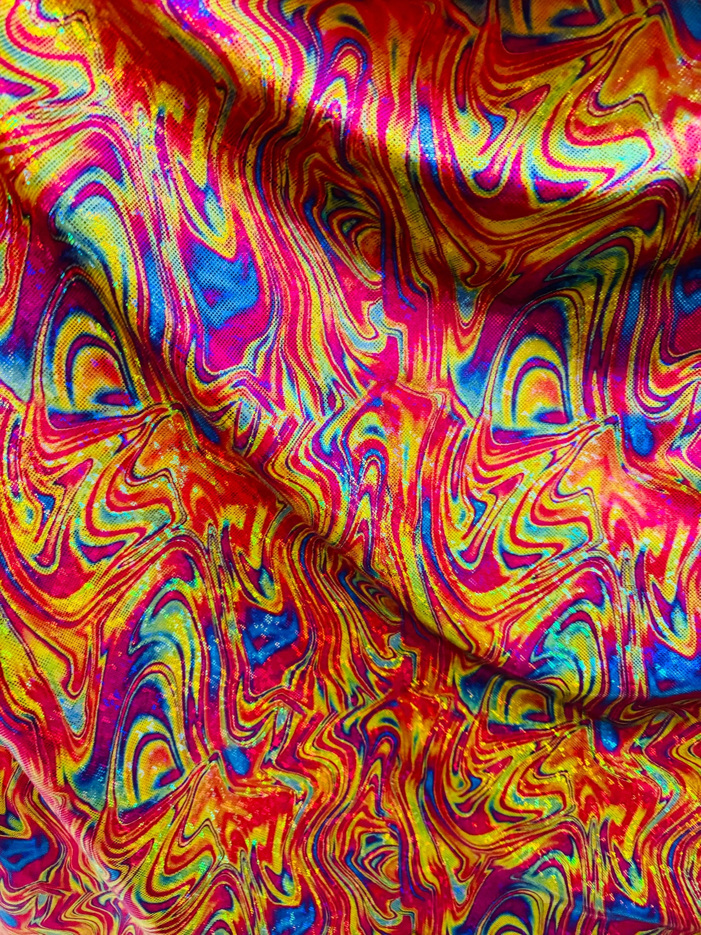 New Luxury lava abstract design on shattered glass hologram metallic nylon spandex 4-way stretch 58-60”