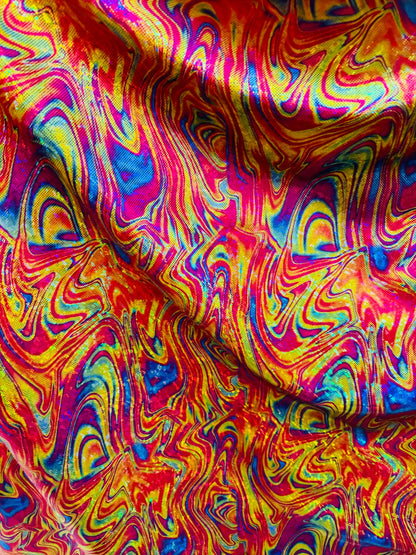 New Luxury lava abstract design on shattered glass hologram metallic nylon spandex 4-way stretch 58-60”