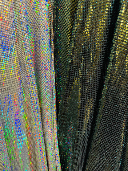 New spectrum geometric sequins designed metallic nylon spandex 2-way stretch 58/60” High quality fabrics by AlexLAFabrics