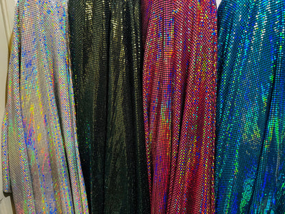 New spectrum geometric sequins designed metallic nylon spandex 2-way stretch 58/60” High quality fabrics by AlexLAFabrics