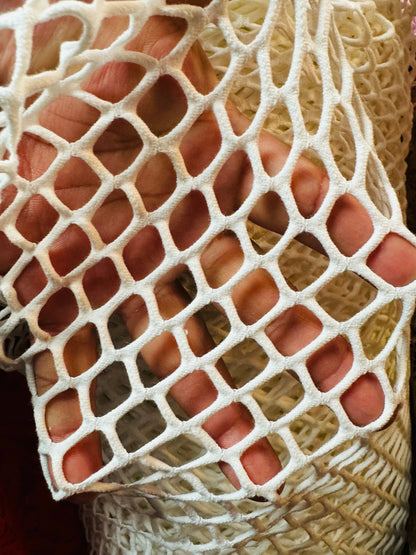 New Fishnet jumbo size white and black  spandex mesh 4-way 58/60” Sold by the YD. Ships worldwide from Los Angeles California USA.