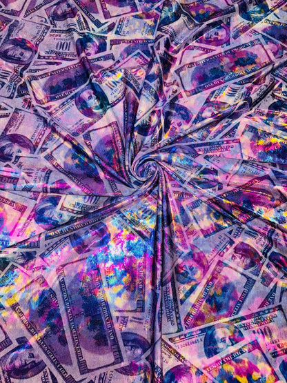 New 100dlls Bill Money design Iridescent hologram purple metallic nylon spandex 4-way stretch 58/60”