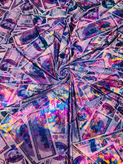 New 100dlls Bill Money design Iridescent hologram purple metallic nylon spandex 4-way stretch 58/60”