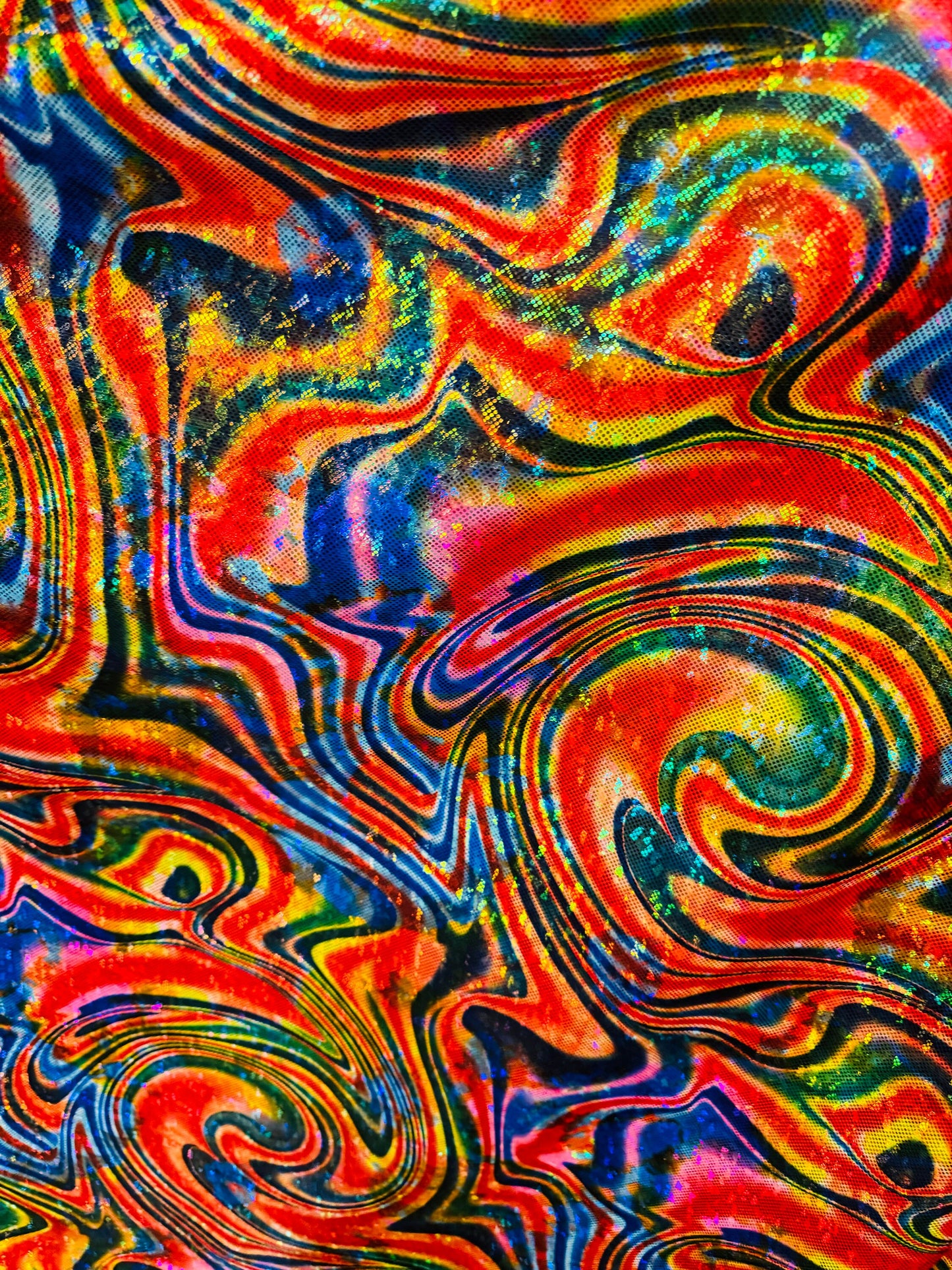 New Swirl abstract design multicolor on shattered glass hologram metallic nylon spandex 4-way stretch 58/60”