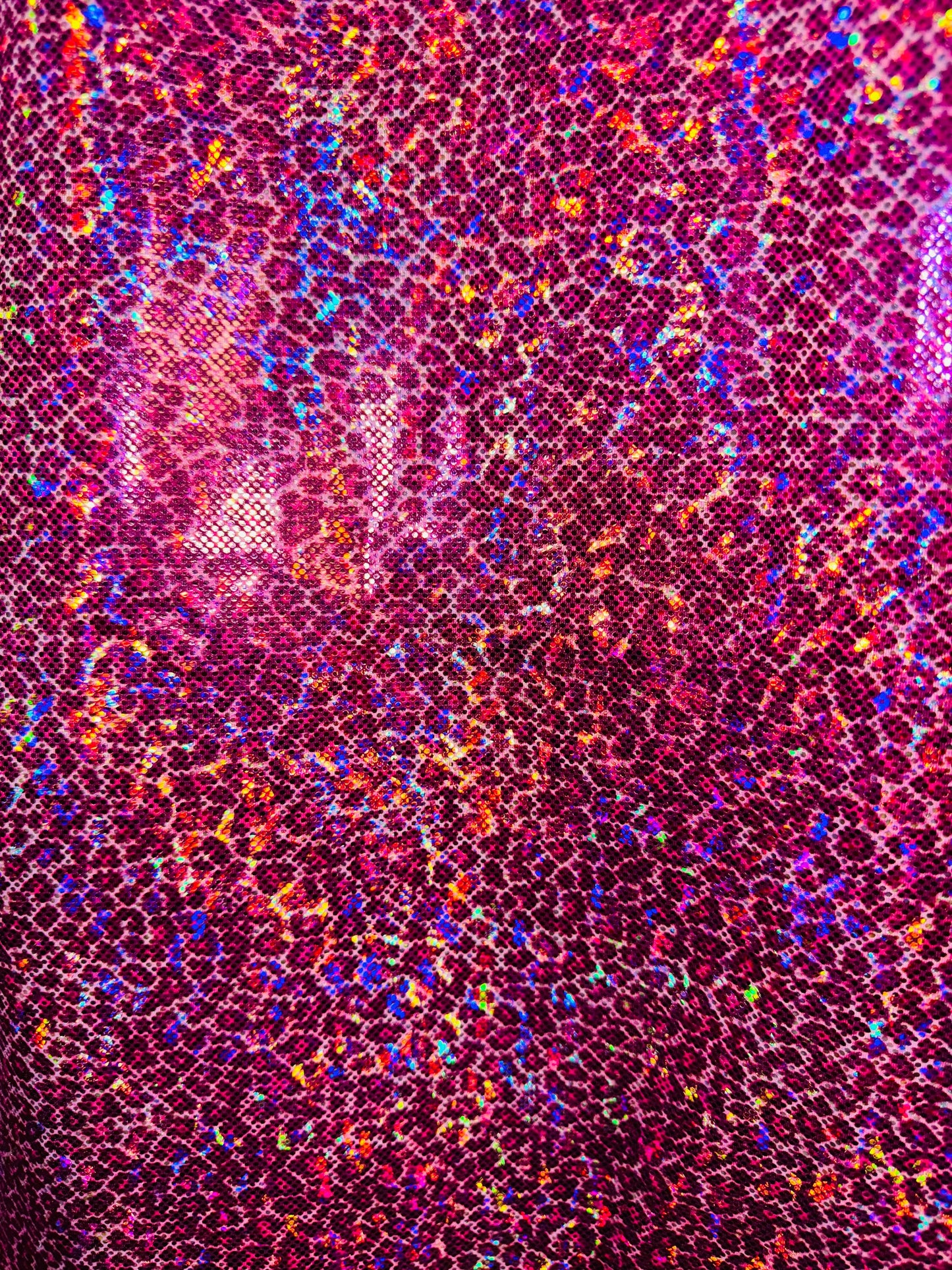 New Wild Cheetah small design on hologram metallic nylon spandex 4-way stretch 58/60” High quality fabrics by AlexLAFabrics