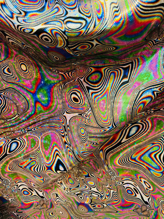 Modern Lava abstract design on shattered glass hologram metallic nylon spandex 4-way stretch 58-60”