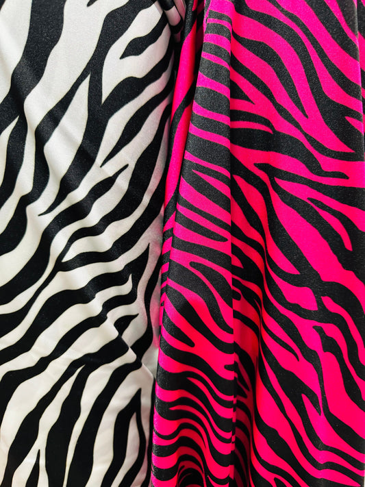 Exotic zebra design Fuchsia/black print on best quality shiny nylon spandex 4-way stretch 58/60” High quality fabrics by AlexLAFabrics
