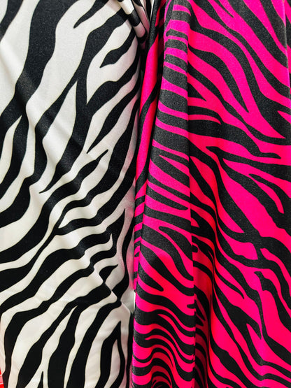 Exotic zebra design Fuchsia/black print on best quality shiny nylon spandex 4-way stretch 58/60” High quality fabrics by AlexLAFabrics