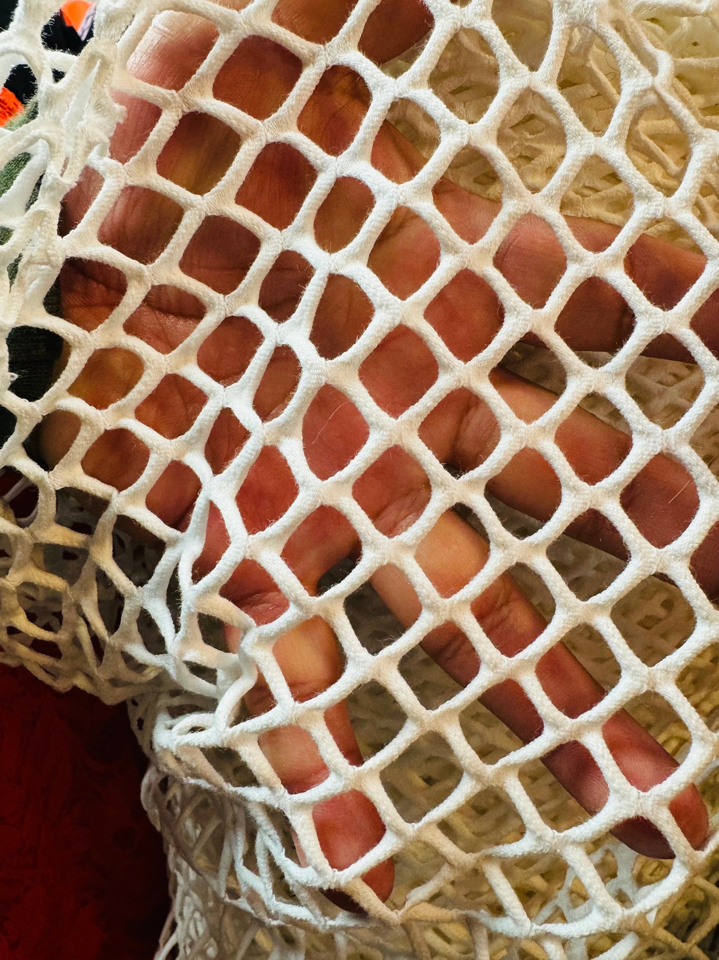 New Fishnet jumbo size white and black  spandex mesh 4-way 58/60” Sold by the YD. Ships worldwide from Los Angeles California USA.