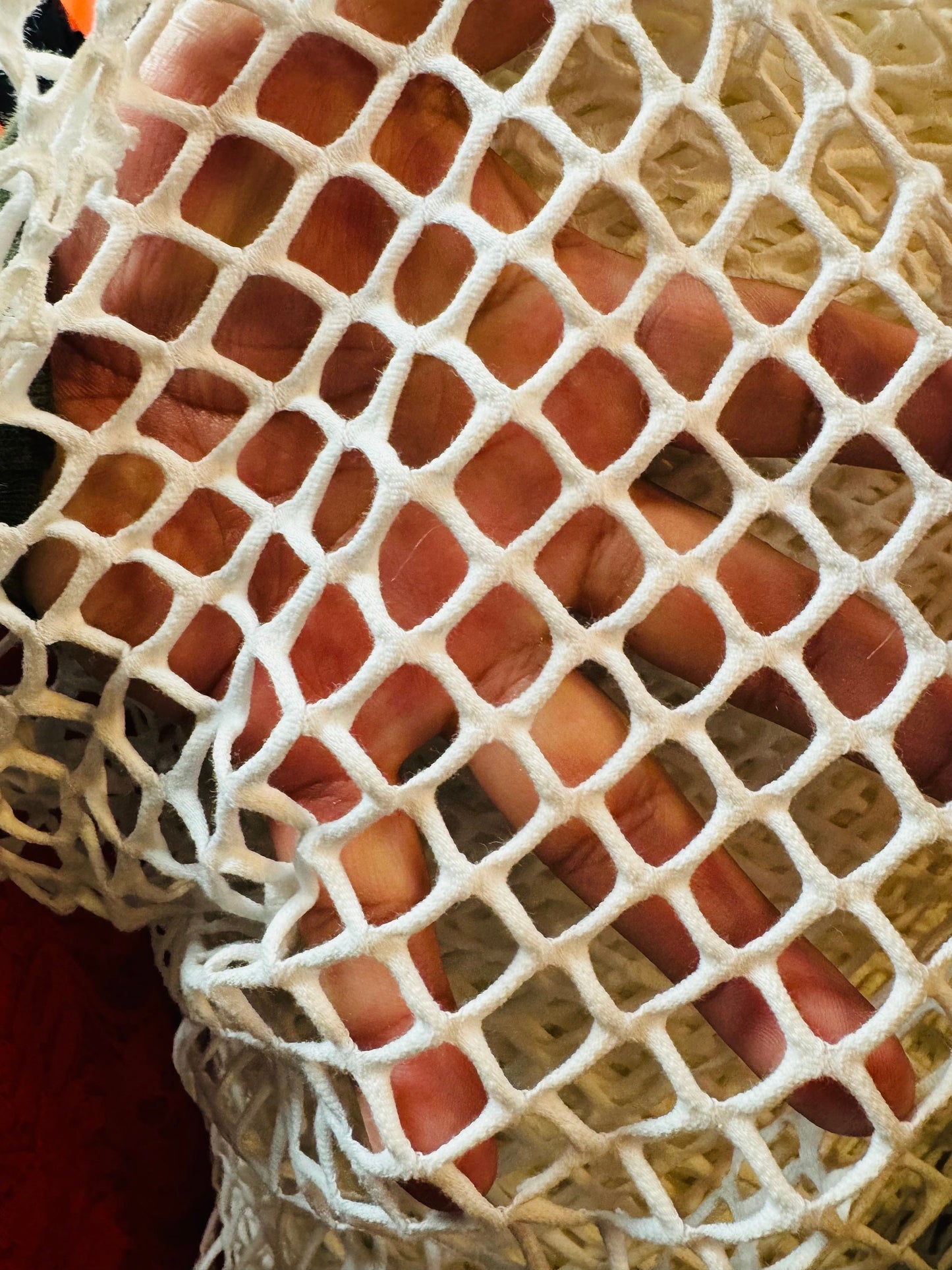 New Fishnet jumbo size white and black  spandex mesh 4-way 58/60” Sold by the YD. Ships worldwide from Los Angeles California USA.