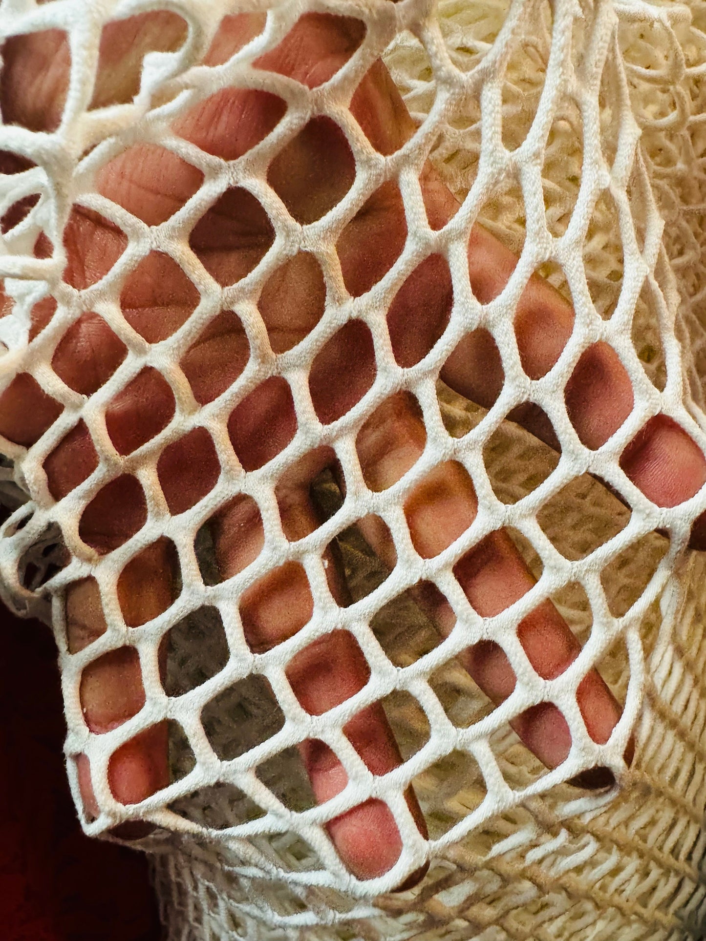 New Fishnet jumbo size white spandex mesh 4-way 58/60” Sold by the YD. Ships worldwide from Los Angeles California USA.