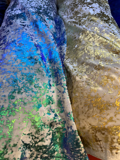 Splatter design metallic stretch velvet 4-way stretch 58/60” Sold by the YD.