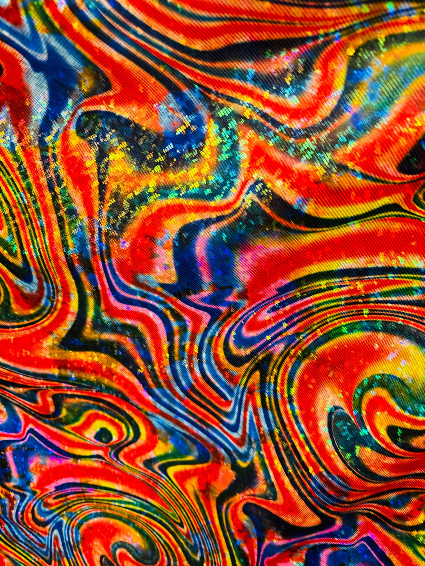 New Swirl abstract design multicolor on shattered glass hologram metallic nylon spandex 4-way stretch 58/60”