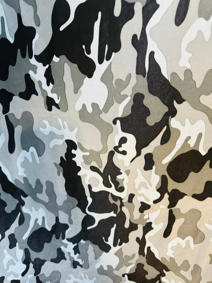 Camouflage design Gray/silver/black print on poly spandex 2-way stretch 58/60”