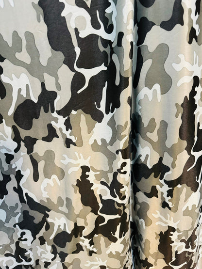 Camouflage design Gray/silver/black print on poly spandex 2-way stretch 58/60”