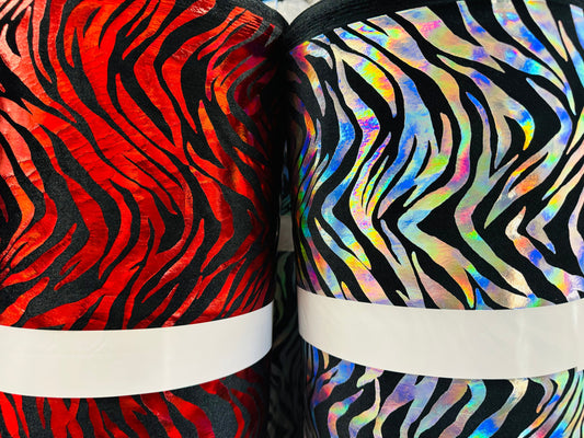 New Exotic zebra design on stretch velvet with Iridescent foil 4-way stretch 58/60”