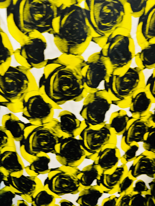 Romantic Roses design Yellow/Black print on best quality of nylon spandex 4-way stretch 58/60”