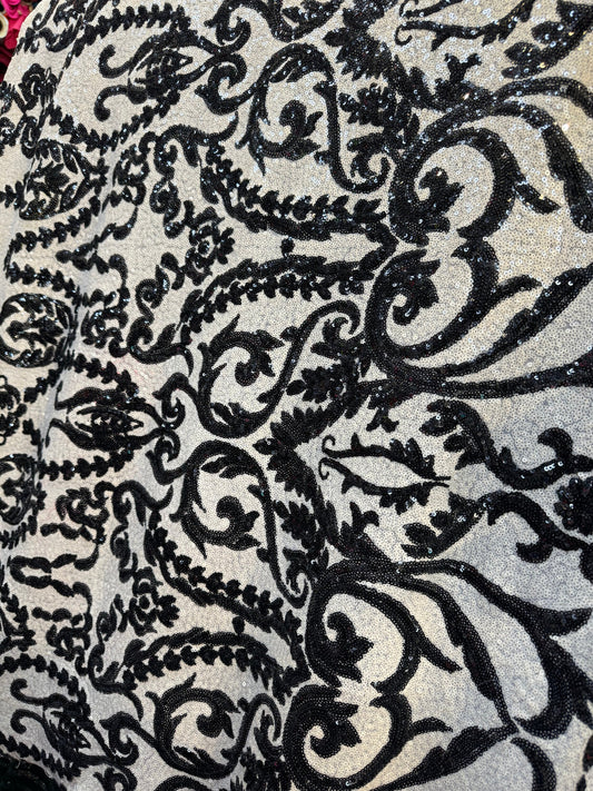 New Italian sequins design glitz sequins embroidered on power mesh 4-way stretch 58/60”