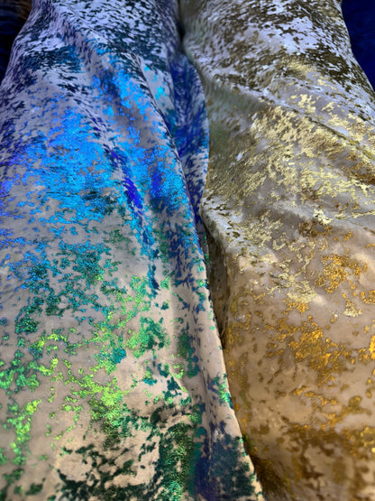 Splatter design metallic stretch velvet 4-way stretch 58/60” Sold by the YD.