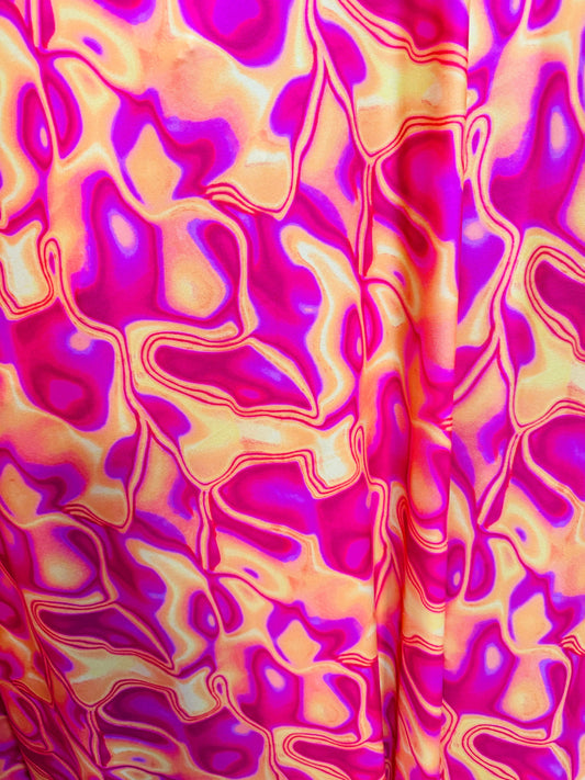 New Lava design Magenta yellow print on great quality of poly spandex 4-way stretch 58/60”