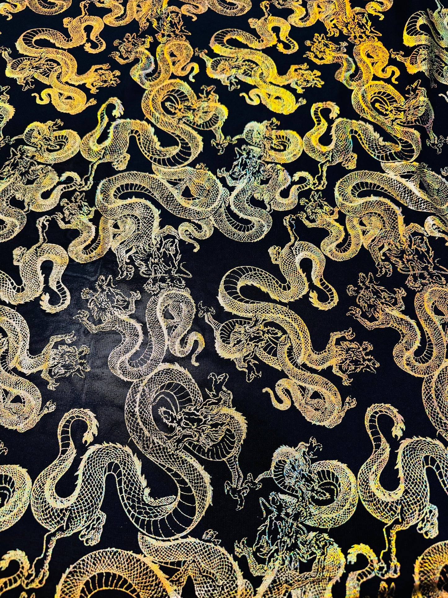 Exotic Dragon design metallic power mesh 4-way stretch 58/60”