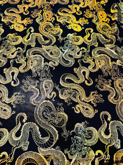 Exotic Dragon design metallic power mesh 4-way stretch 58/60”