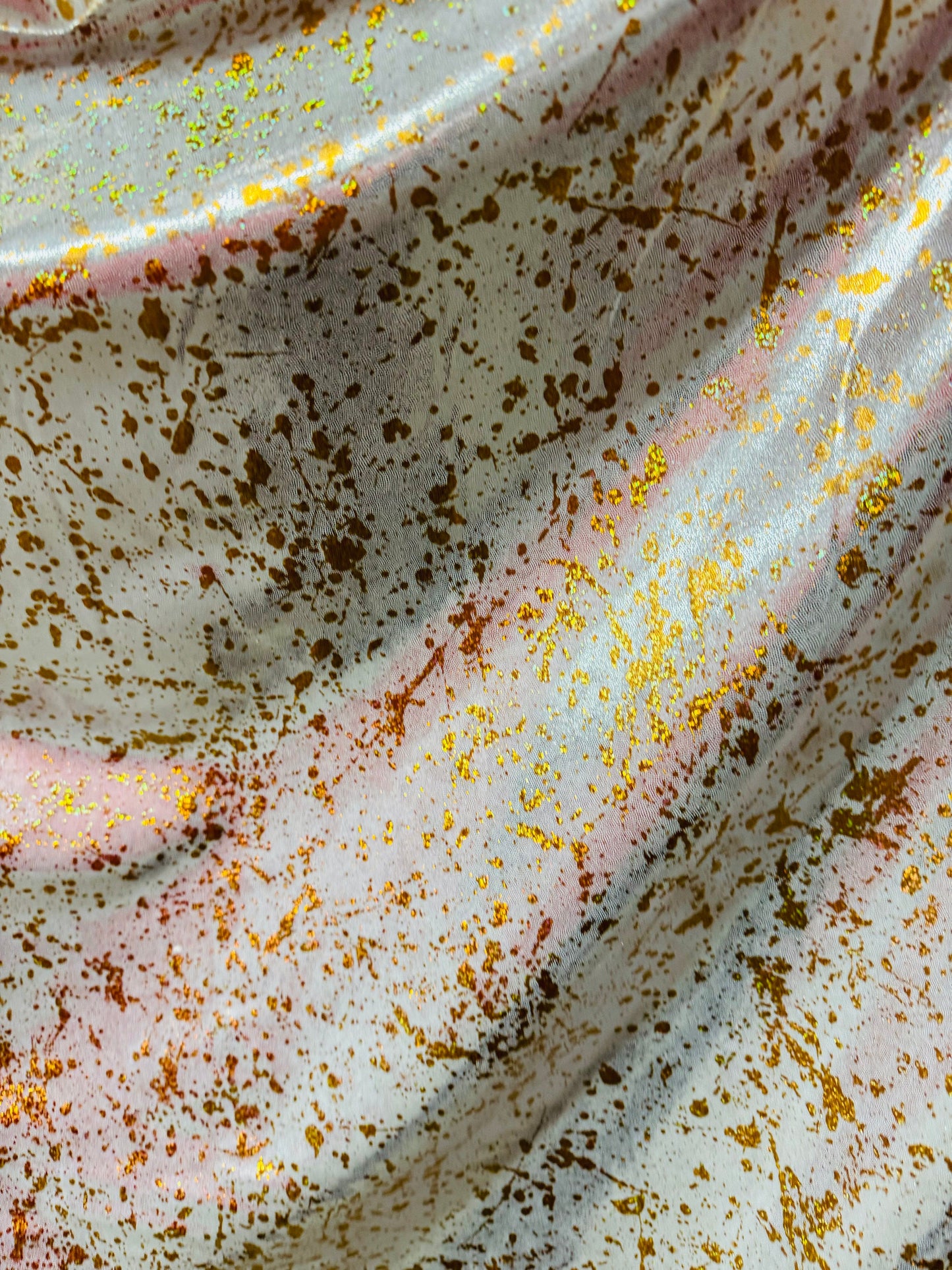 Splatter paint design hologram metallic nylon spandex white/gold 4-way spandex 58/60”