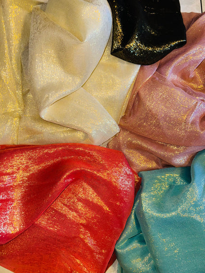 Silk metallic chiffon  Multi colors  2way Stretch 44/45" Sold by the YD. Ships worldwide from Los Ángeles California