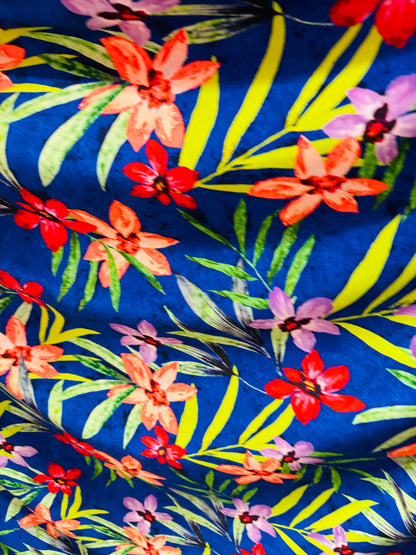 Hawaiian flower design sapphire/multi print on great quality of nylon spandex 4-way stretch 58/60”