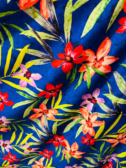 Hawaiian flower design sapphire/multi print on great quality of nylon spandex 4-way stretch 58/60”