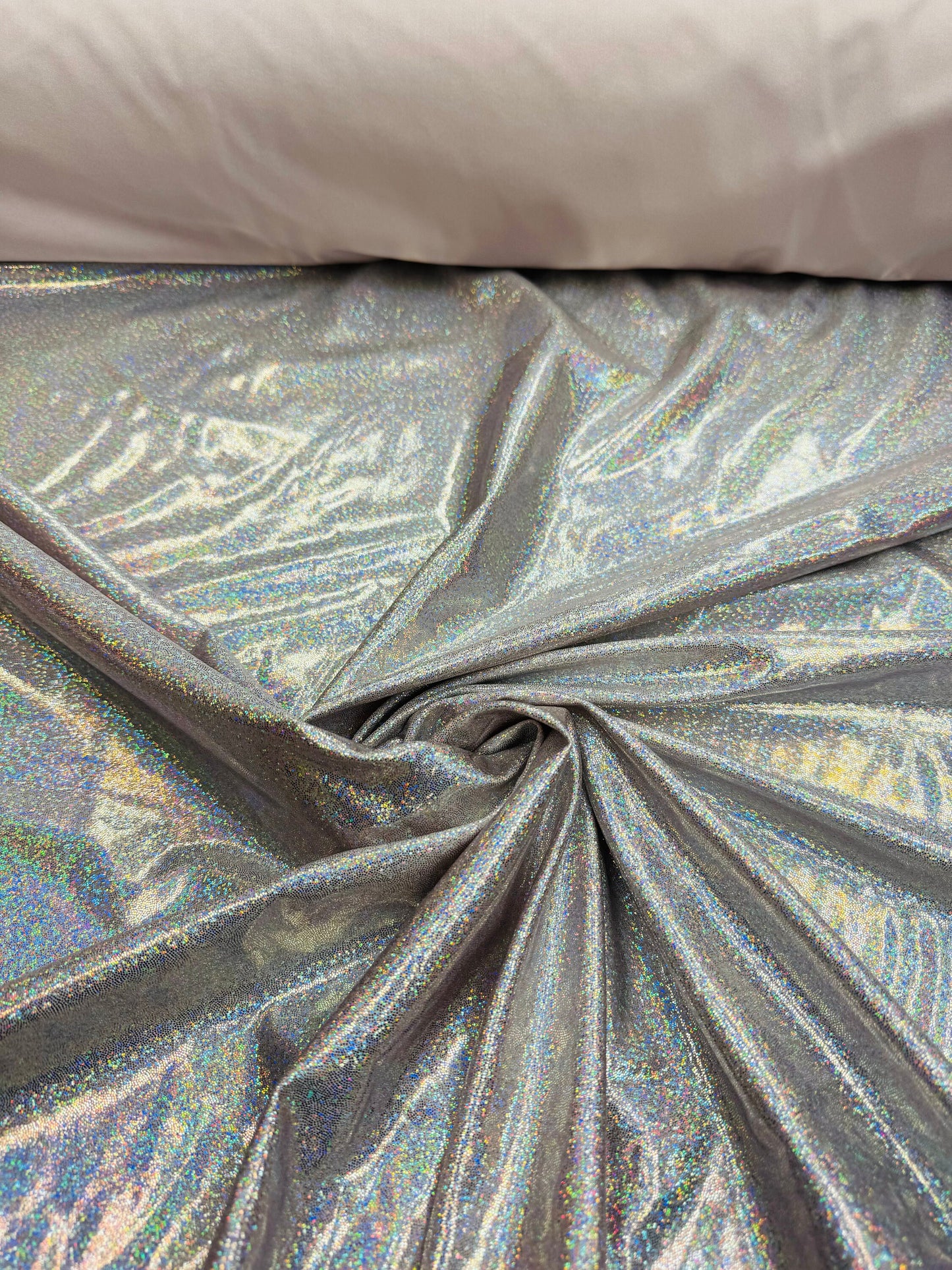 Blush/silver foggy foil hologram metallic nylon spandex 4-way stretch 58/60”