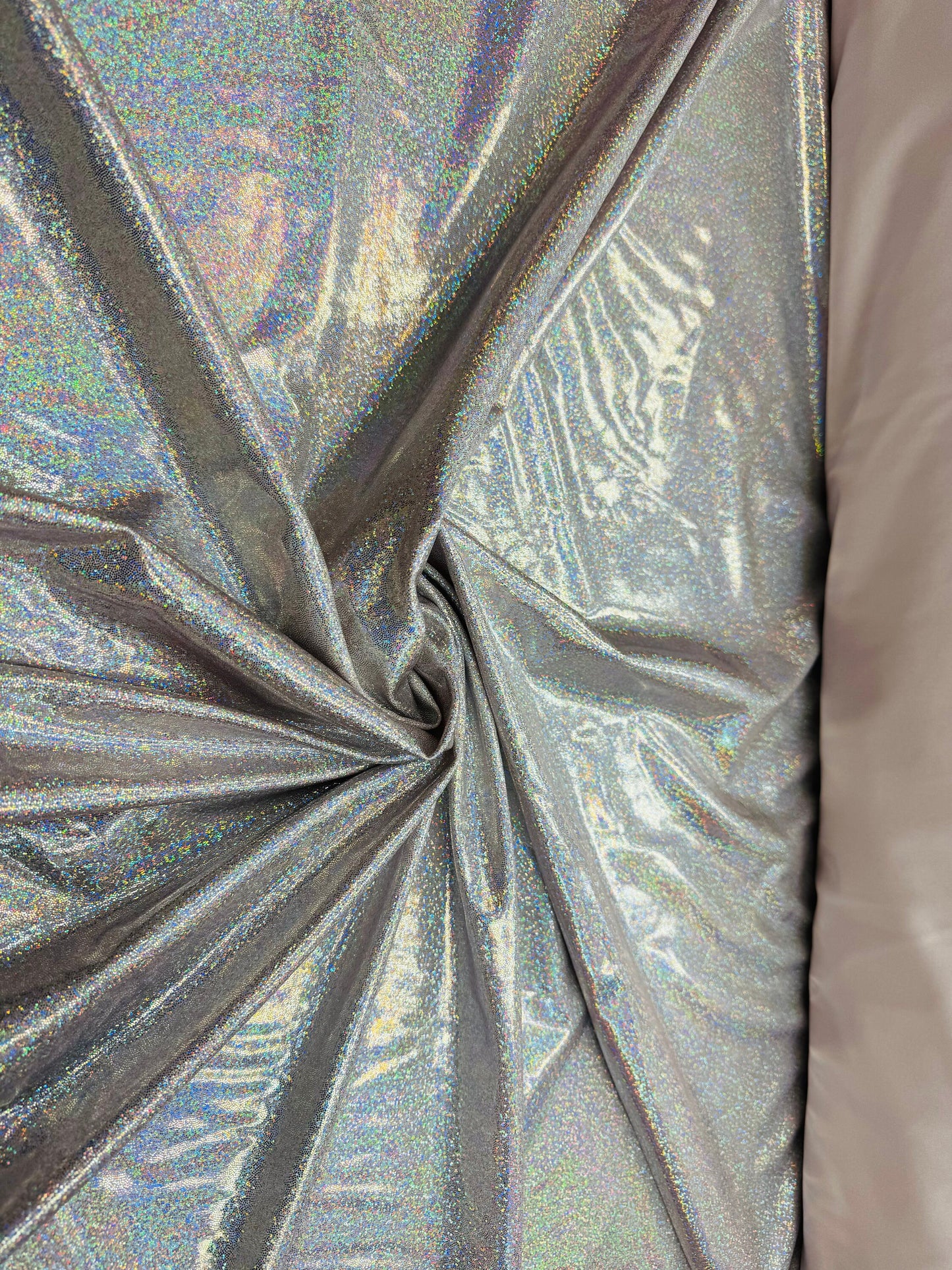 Blush/silver foggy foil hologram metallic nylon spandex 4-way stretch 58/60”